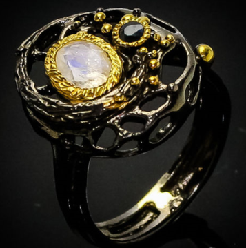 Дизайнерское кольцо ручной ручной работы из черного серебра с натуральными камнями