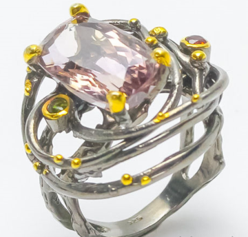 Дизайнерское кольцо ручной ручной работы из черного серебра с натуральным аметрином